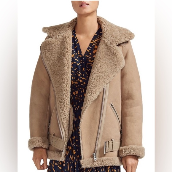 Maje Paris tan beige genuine shearling leather moto jacket coat winter